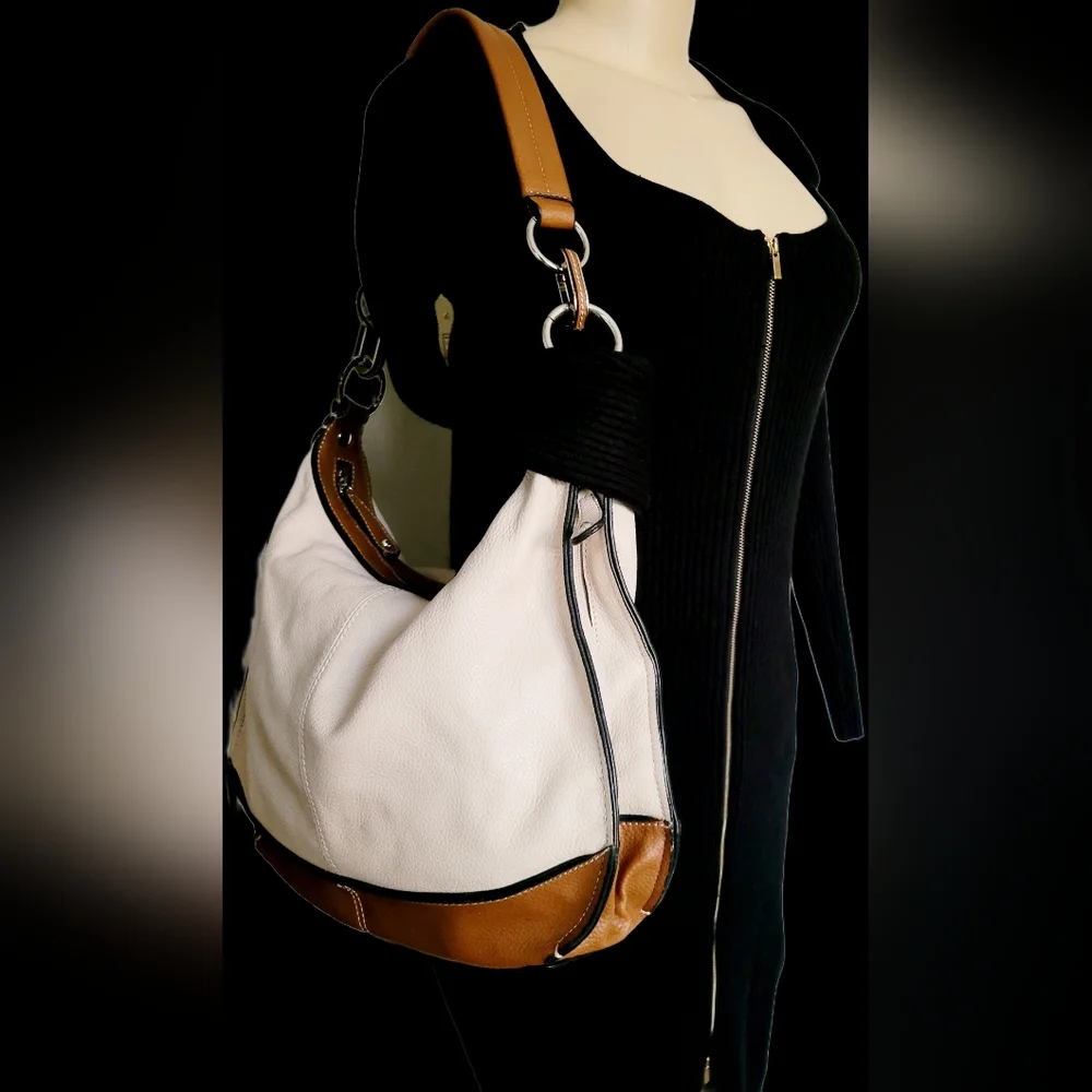 Tignanello Hobo 100% Genuine Leather Shoulder Bag Large Cream/Cognac 14
